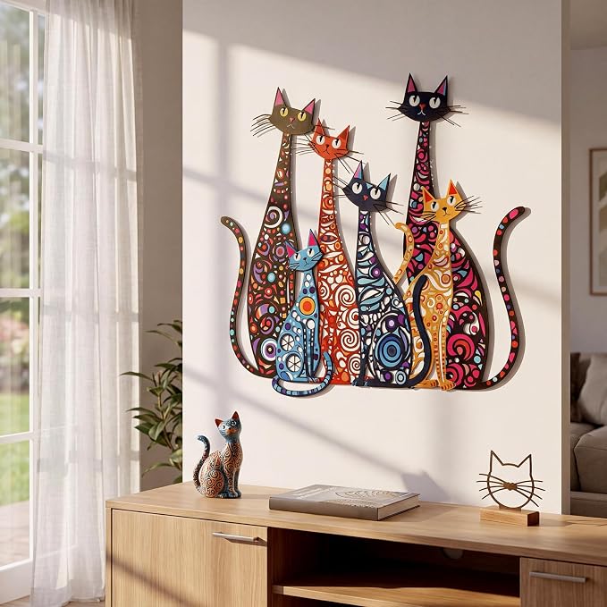 Wesiti Cat Wall Art Iron Sculptures 12x10 Inches Colorful Retro Mid Century | Metal Sign for Cat Lovers, Home Decor in Living Room Bedroom Kitchen Office, Elevated Artistic Design, Vibrant Patterns - Image 4