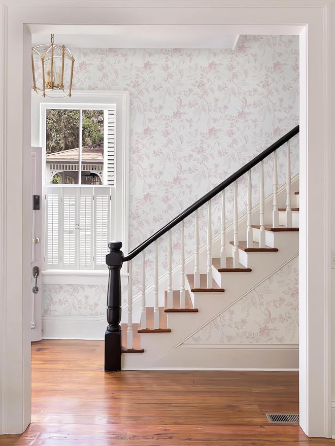Dimoon Pink Peel and Stick Wallpaper Floral Contact Paper Boho Modern Cottage Wall Paper White Bird Village Wallpaper Renter Friendly Botanical Waterproof for Bathroom Kitchen 394"x17.3" - Image 4