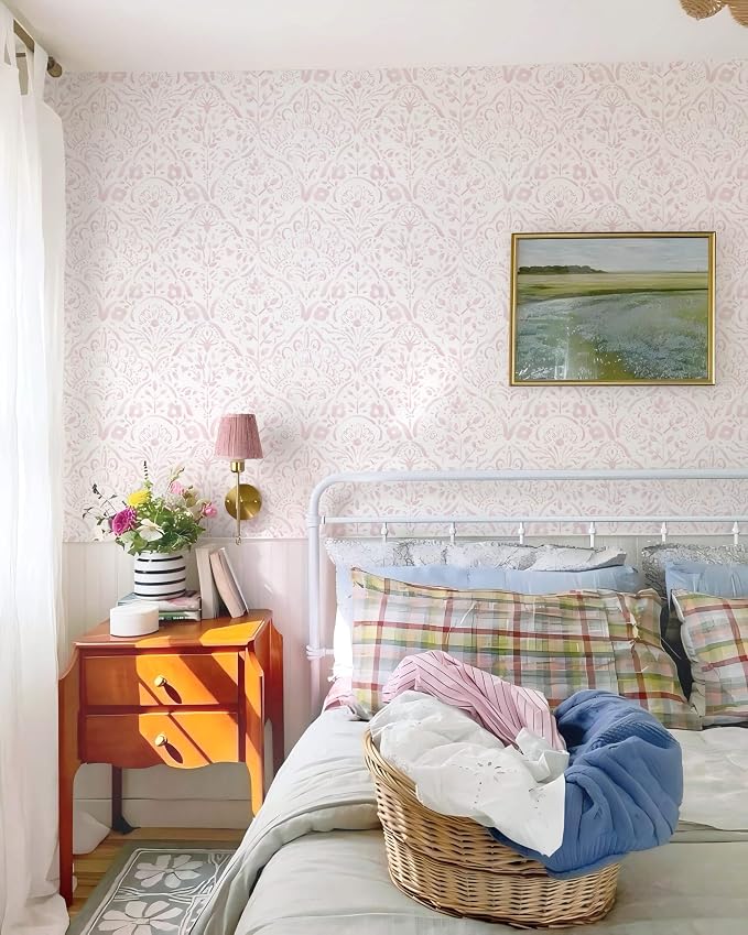 Dimoon Boho Peel and Stick Wallpaper Soft Pink Floral Contact Paper French Flower Wall Paper 78.7''x17.3'' Textured Self Adhesive Watercolor Damask Stick On Wallpaper for Bedroom Bathroom Decor Vinyl - Image 4