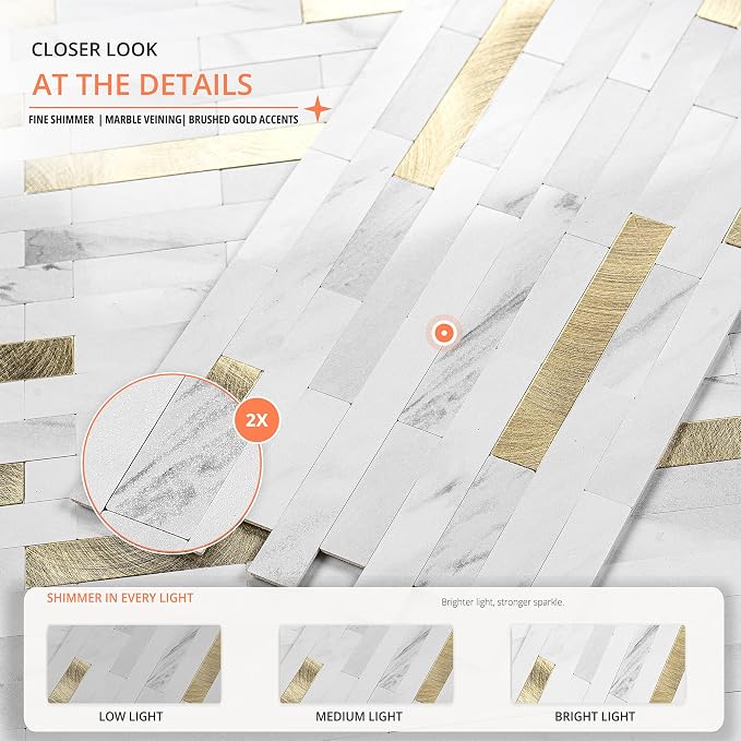 StyloVue 20 Sheets Peel and Stick Backsplash for Kitchen, Sparkle White Marble Look with Gold Metal, Glossy Finish, Stick on Tile for Kitchen Backsplash, RV, Fireplace - Image 3