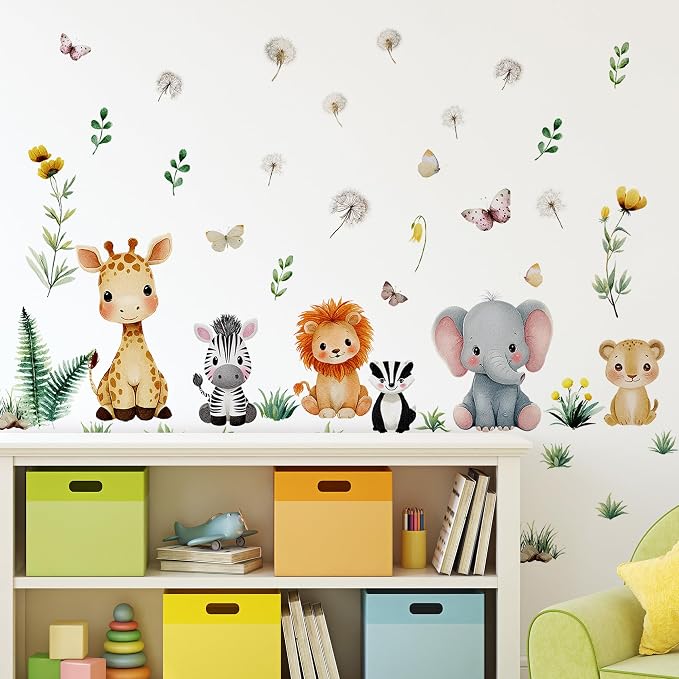Watercolor Baby Safari Animals Wall Decal, Peel and Stick Jungle Animals Lion, Elephant Nursery Wall Stickers for Kids, Boys and Girls Room, Bedroom & Toddler Room Decor (Animal Floral Decals) - Image 5