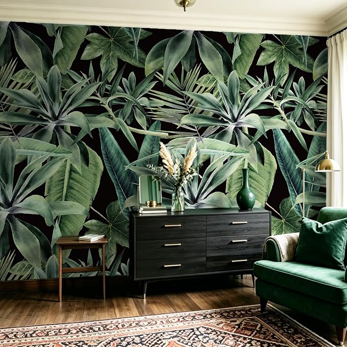 Tropical Peel and Stick Watercolor Green Leaves Wall Mural, Leather Textured Vintage Self-Adhesive Wallpaper for Bedroom Living Room Background Wall Decor, Black Background, 137'' x 98'' - Image 2