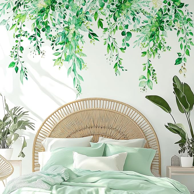 Emerald Green Plants Leaves Wall Decals Peel and Stick, Large Floral Flowers Vinyl Wall Stickers, Removable Vine Home Decor Art for Bedroom Living Room Classroom Office - Image 4