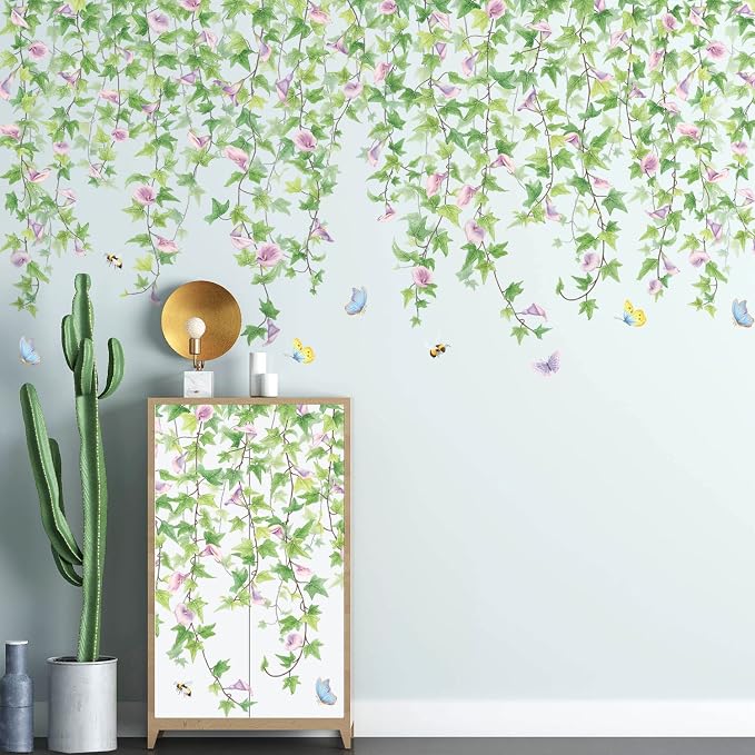 2 PCS Morning Glories Vine Wall Decals Purple Flowers Wall Stickers Green Leaves Wall Decal DIY Removable Butterfly Bee Art Murals Wallpaper for Girls Bedroom Living Room Offices Classroom Home Decor by LiveGallery