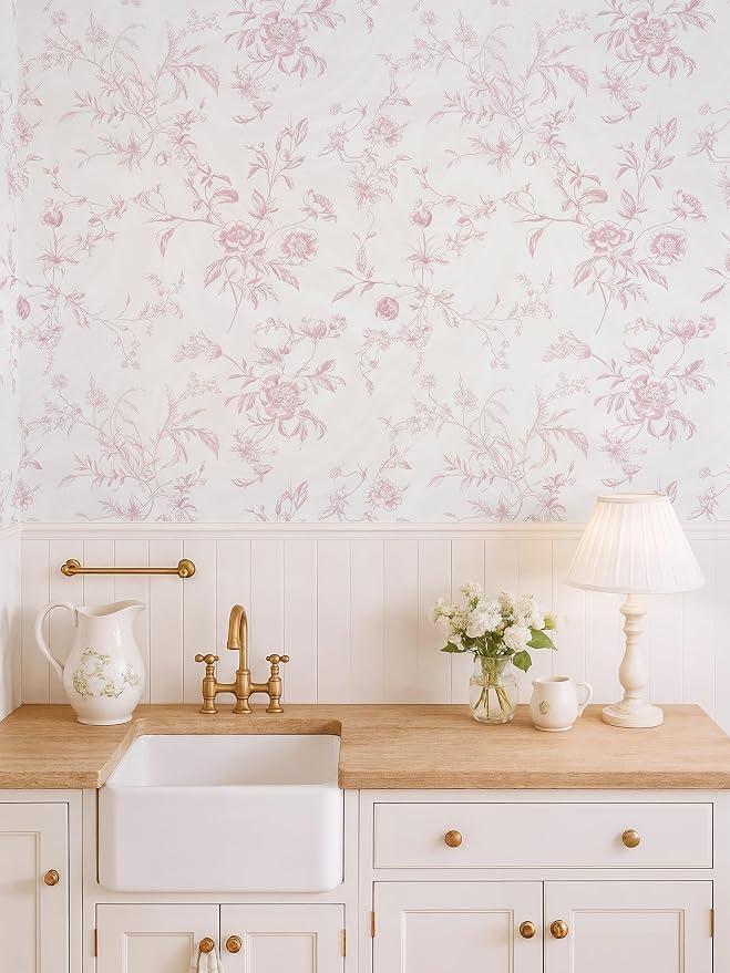 Ismoon Pink Floral Peel and Stick Wallpaper Vintage French for Bedroom | Textured Botanical Contact Paper Removable Self Adhesive Wallpaper for Bathroom Vinyl Roll Renter Friendly 17.3in×9.84 ft - Image 2