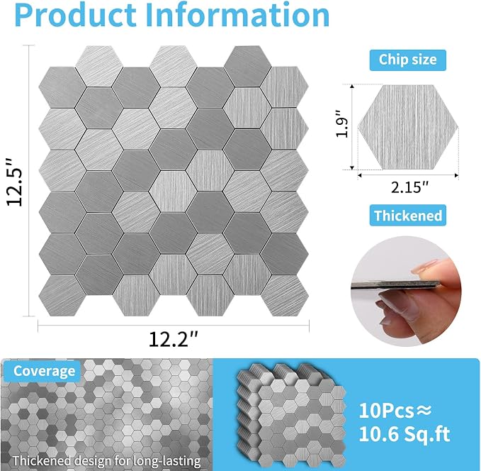 Art3d 10-Pack Metal Peel and Stick Backsplash Tile, Silver Hexagon | 12" x 12", Stainless Steel, Self Adhesive, Anti-Corrosion, Waterproof, Lightweight, Ideal for Kitchens, Bathrooms - Image 6