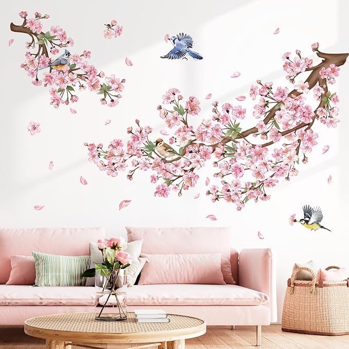 decalmile Cherry Blossom Branch Pink Floral Birds Sofa Wall Decals Stickers - Image 3