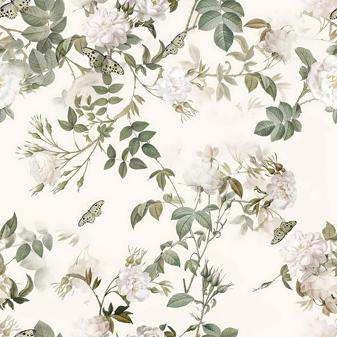 Wudnaye Green Floral Peel and Stick Wallpaper Vintage Flower 16.9"×118" | Botanical Peel and Stick Wallpaper Green Beige Rose Self Adhesive Removable Contact Paper Waterproof for Kitchen Bathroom by Wudnaye