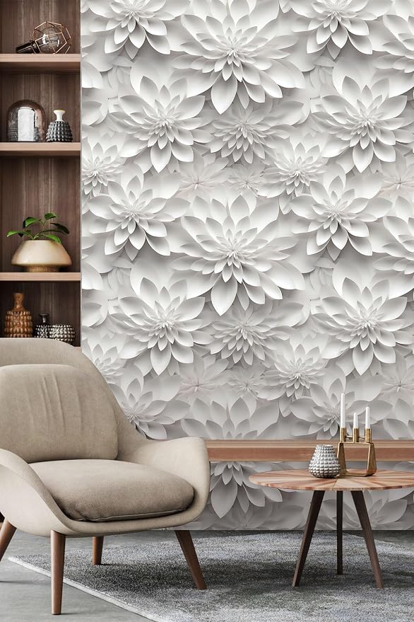 Peel and Stick Wallpaper White Gray Lotus Floral Accent - Image 3
