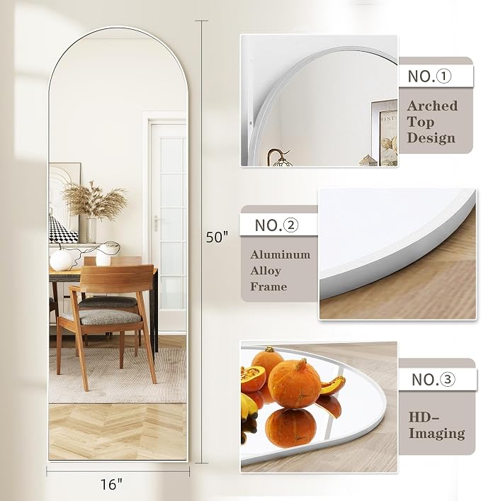 Dewfig 50"x 16" Full Length Door Mirror with Stand, Full Body Mirror, White - Image 2