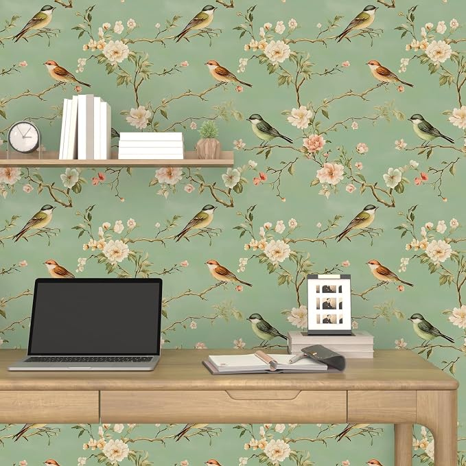 Laatse Vintage Floral Bird Wallpaper Peel and Stick 17.5" × 118", Green | Self Adhesive/Removable/Waterproof/Thick Vinyl Contact Paper for Bathroom Bedroom Shelf Cabinet Drawer,Prepasted,Easy Peel - Image 7
