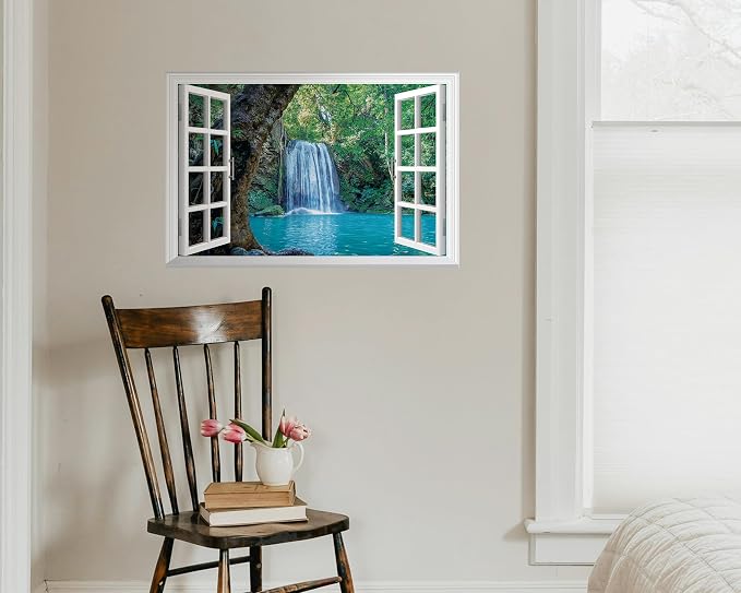 FLFK Fake Window Wall Decal - Waterfall and Lake in The Jungle Faux Window Wall Mural for Wall Decor, Peel and Stick Wall Sticker,24"x16" - Image 5