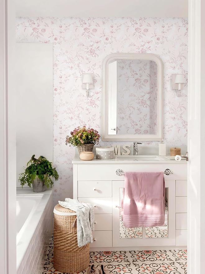Ismoon Floral Wallpaper Peel and Stick Pink Stick on Wall Paper Vintage French Contact Paper for Cabinet Textured Removable Self Adhesive Wallpaper Vinyl Roll Shelf Deco, 17.3x787in - Image 5