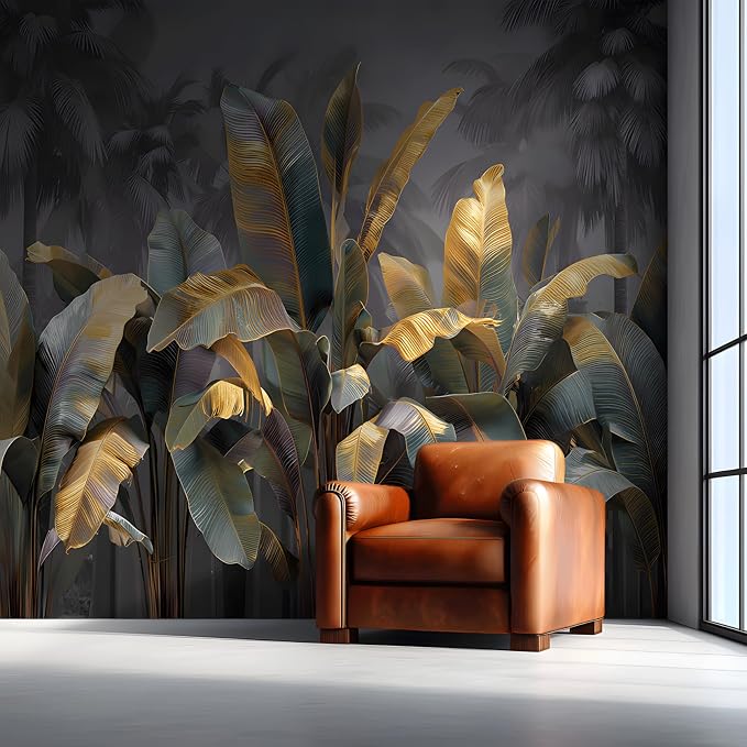 ASJ Tropical Peel and Stick Wallpaper Mural, Gold Leaf Banana Green | Seamless edge-to-edge match. Art deco dark palm tree artwork, 177x102 in, premium fabric, living room bedroom. by ASJWallpaper%EF%BC%86Murals