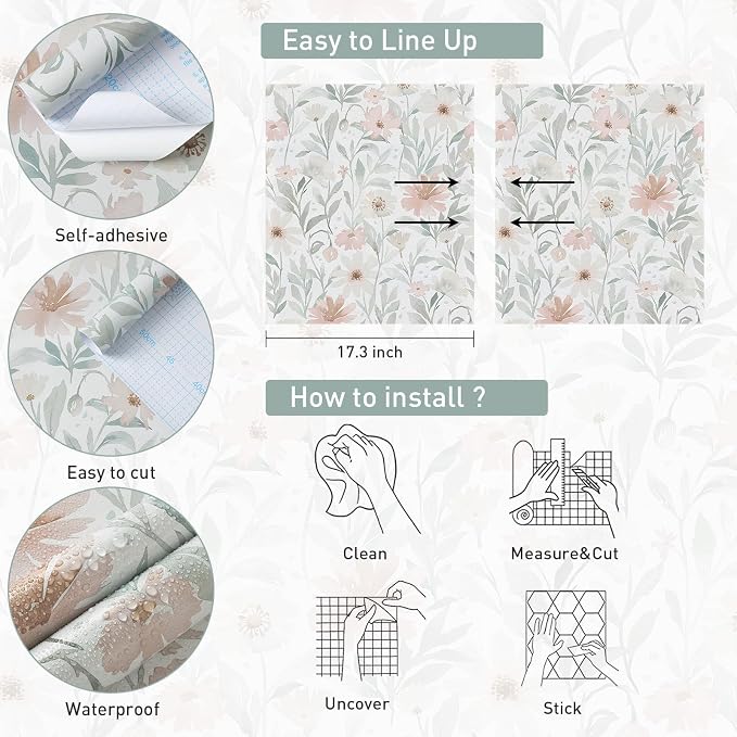 CiCiwind Pink Floral Peel and Stick Wallpaper Farmhouse Removable Self Adhesive Modern Wall Paper for Bedroom Bathroom Light Green Leaf Contact Paper for Cabinets Shelf Drawer 17.3" × 78.7" - Image 5