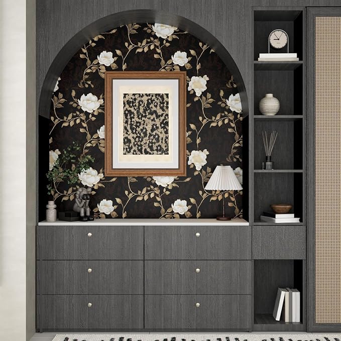 Laatse Vintage Dark Black Golden Floral Wallpaper Peel and Stick 17.5"x118" | Self Adhesive/Removable/Waterproof/Thick Vinyl Contact Paper for Bathroom Bedroom Shelf Cabinet Drawer,Prepasted,Easy Peel - Image 2