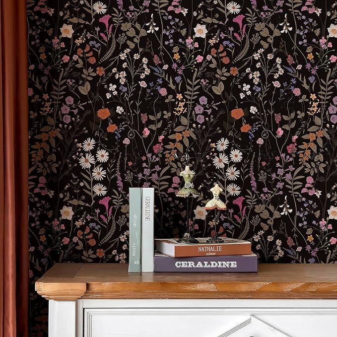 JiffDiff Floral Wallpaper Peel and Stick- 1181" x 17.3" Farm Wildwood Self Adhesive Wall Paper Daisy Flower Contact Paper Dark Floral Stick On Wallpaper - Image 5