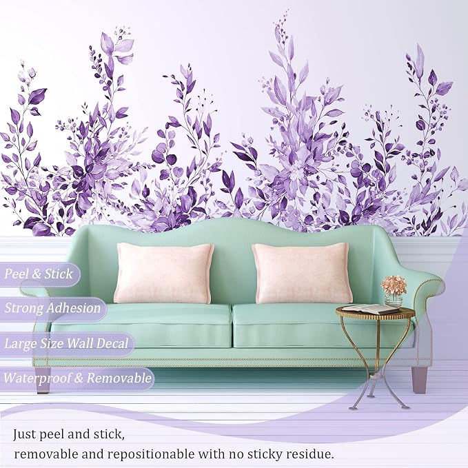Purple Plants Leaves Wall Decals Peel and Stick, Large Floral Flowers Wall Stickers, Removable Vine Home Decor Art for Bedroom Living Room Classroom Office - Image 3