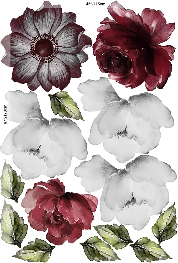 Floral Wall Decal Watercolor Bouqet Wall Sticker Red Rose Peel n Stick Anemone Florals Decals for Livingroom Bedroom by MURWALL