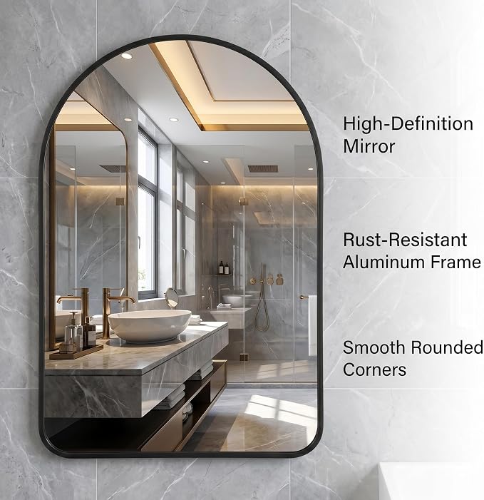 HARRITPURE 24"x36" Arched Bathroom Mirror Wall Mounted Black Arch Mirror - Image 3