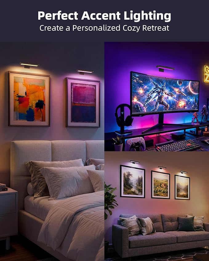 EZVALO RGB Picture Light for Wall, 2400mAh Wireless Rechargeable Color Changing Art Light with Remote, 16 Colors, Dimmable Magnetic LED Display Lights for Painting, Bedroom, Gaming Room (Black-3P) - Image 3