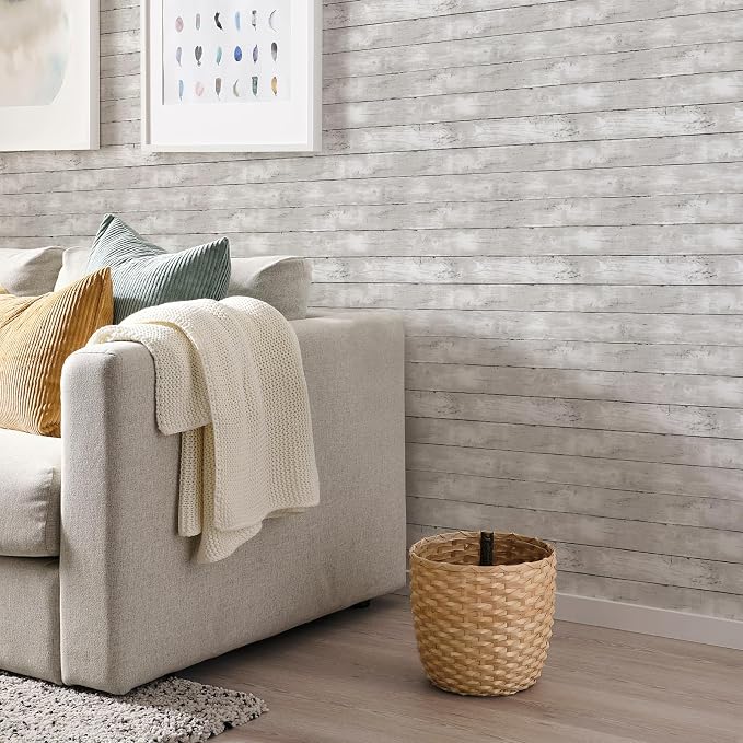 Peel and Stick Wallpaper 17.3" X 472" Vintage White Gray Wood Shiplap Wallpaper Peel and Stick Contact Paper Rustic Removable Self Adhesive Wood Wall Paper for Bedroom Bathroom Cabinets - Image 6