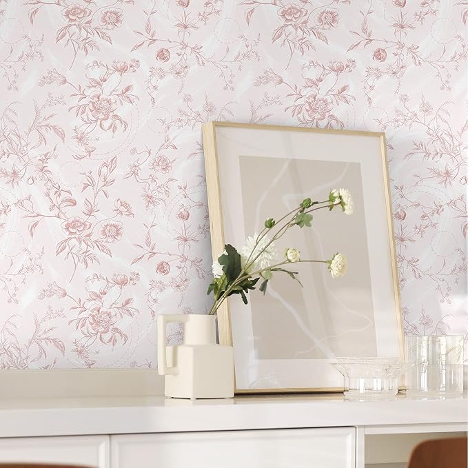 Dimoon Peel and Stick Wallpaper Pink Floral Contact Paper Pink Vintage French Renter Friendly Wallpaper 17.3''x236'' Textured Stick on Wall Paper for Bathroom Bedroom Cabinets Removable Vinyl Roll - Image 2