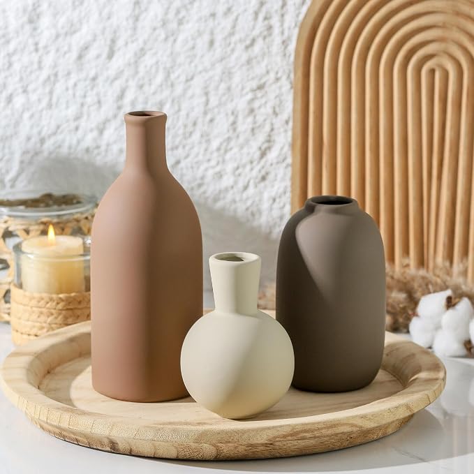 Ceramic Vases Set of 3, Modern Neutral Rustic Farmhouse Home Decor Pottery Pampas Decoration for Living Room, Table, Bathroom, Bedroom, Entryway - Brown - Image 8