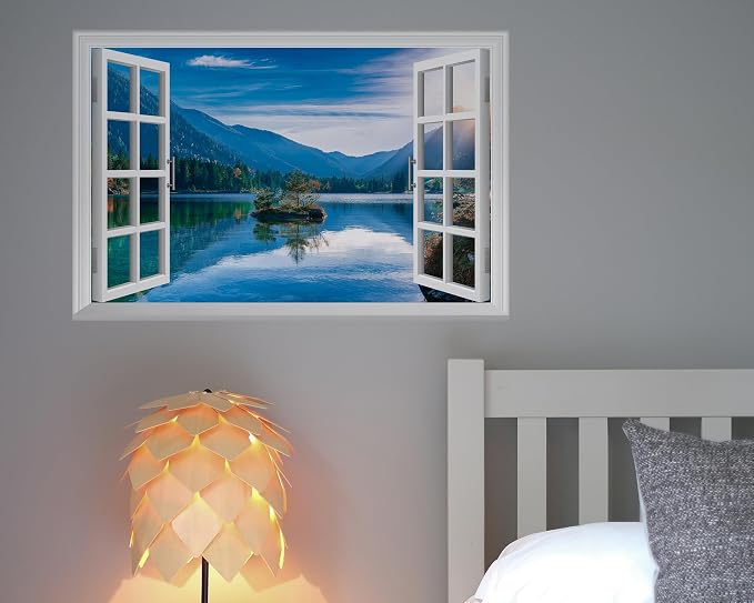 FLFK Fake Window Wall Decal - Mountain Lake Faux Window Wall Mural for Wall Decor, Peel and Stick Wall Sticker,24"x16" - Image 4