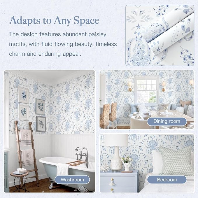 Dimoon Blue Peel and Stick Wallpaper Coastal Contact Paper Bathroom Ocean Beach Wallpaper Boho Jellyfish Renter Friendly Nautical Waterproof for Nursery Kitchen Bedroom Vinyl 17.3''x384'' - Image 9