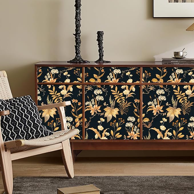 Simon&Siff Vintage Floral Peel and Stick Wallpaper 17.3" x 480" | Black Gold Botanical Contact Paper, Removable Wall Paper, Renter Friendly, for Cabinets, Furniture, DIY Decor - Image 3