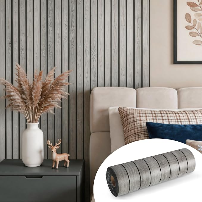Wood Grain 15.8"W x 118"L Peel and Stick Wall Panels, 3D Soundproof (Gray) | Weatherproof Wall Panels, Thick PVC Self-Adhesive Wood Panels for Cabinets, Bedroom, Living Room, Kitchen Island Renovation by Labeumela