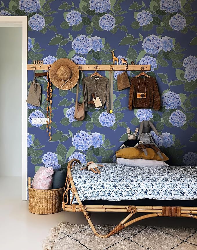 Floral Peel and Stick Wallpaper Self Adhesive Hydrangea Wall Paper French Country Cream Stick on Wallpaper for Bedroom Wall Decor Elegant Mural (Navy Hydrangea, 118" X 17.4") - Image 2