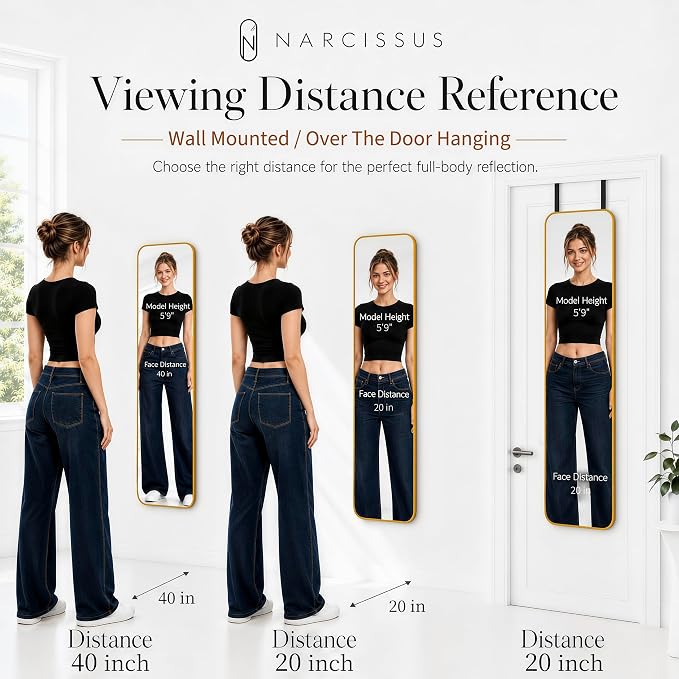 NARCISSUS Over the Door Full Length Mirror 47x14 Inch, Wall Mounted Dressing Mirror, Door Hanging Full Body Mirror HD Reflection Glass for Bedroom, Aluminum Alloy Frame Gold - Image 8
