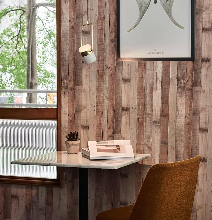 Yun-aeon 17.3"x 1200"Natural Wood-Cinnamon Wood Contact Paper Peel and Stick Wallpaper Self Adhesive Removable Vintage Faux Wood Wall Paper Plank Shelf Home Decoration Kitchen Counter Cover Use | 17.3"x 1200"Self Adhesive Removable Vintage Faux Wood Wa... - Image 9