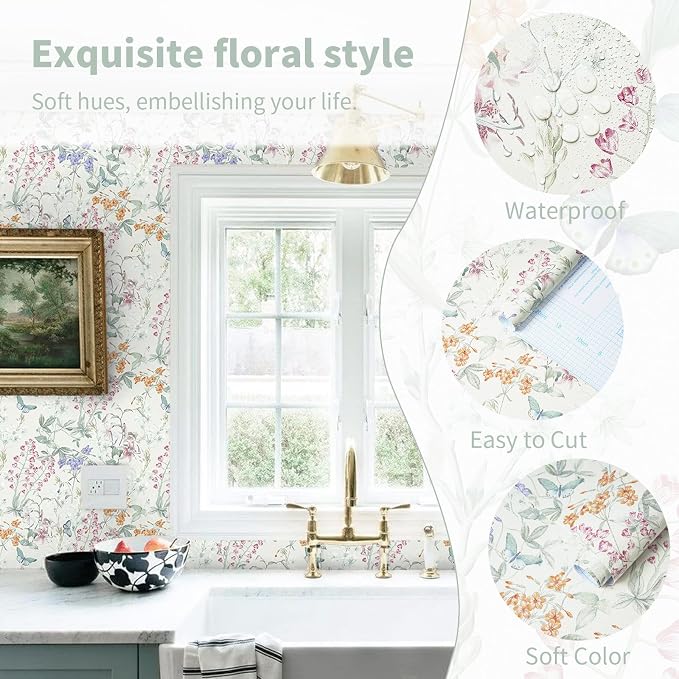 Dimoon 385"x17.3" Floral Wallpaper Beige Peel and Stick Wallpaper Cream Neutral Boho Contact Paper Botanical Wildflower Morden Cottage Renter Friendly Bathroom Flower Kitchen Self Adhesive Vinyl Roll - Image 2