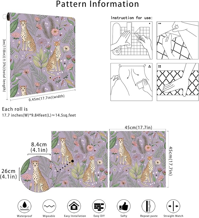 Floralplus Wallpaper Peel and Stick Removable Tropical Animal Wallpaper | Cheetah Wallpapers,Renter Friendly Textured Stick On Contact Paper for Bedroom 17.5 x 118 in - Image 8