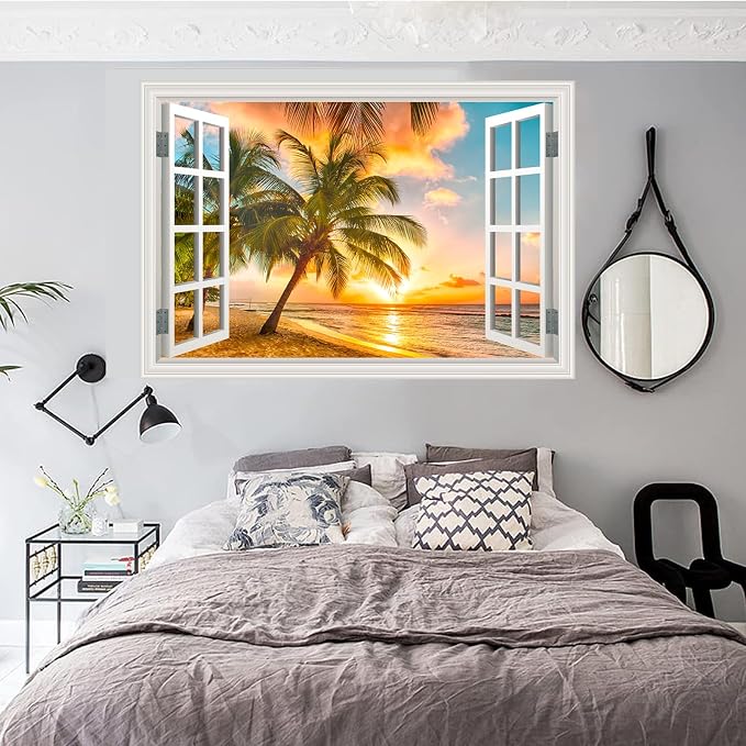 Fake Window Wall Decal- Summer Beach Ocean Coconut Trees Open Art Sticker | Faux Window Natural Scenery Landscape Mural ｜ Stick and Peel Wall Decals｜Room Bedroom Office Decor｜48"x32",Set of 2 Sheets - Image 9