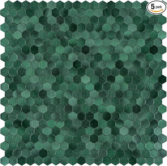 Select 5 Pack Hexagon Peel and Stick Backsplash Tiles, Hunter Green | Self Adhesive Metal Backsplash Stick On Aluminum Tiles for Kitchen Bathroom, 12” x 12” Wall Tiles w/10 Edge Pieces by selectlighting
