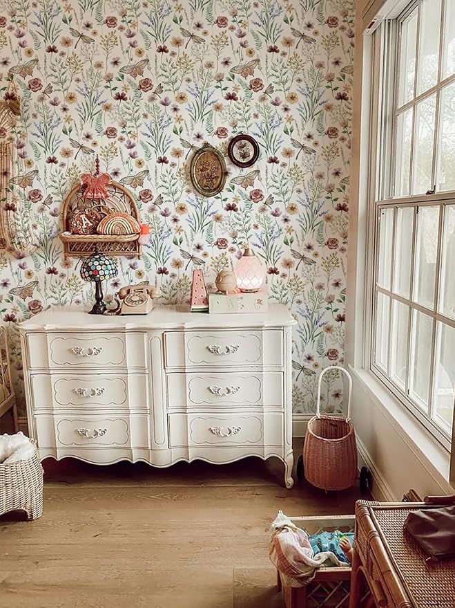 Orainege Vintage Floral Wallpaper Peel and Stick Wallpaper Self Adhesive | 16.9in x 196.8in Butterfly Wallpapers for Bedroom Bathroom Cabinets Decor Removable Vinyl Roll - Image 6