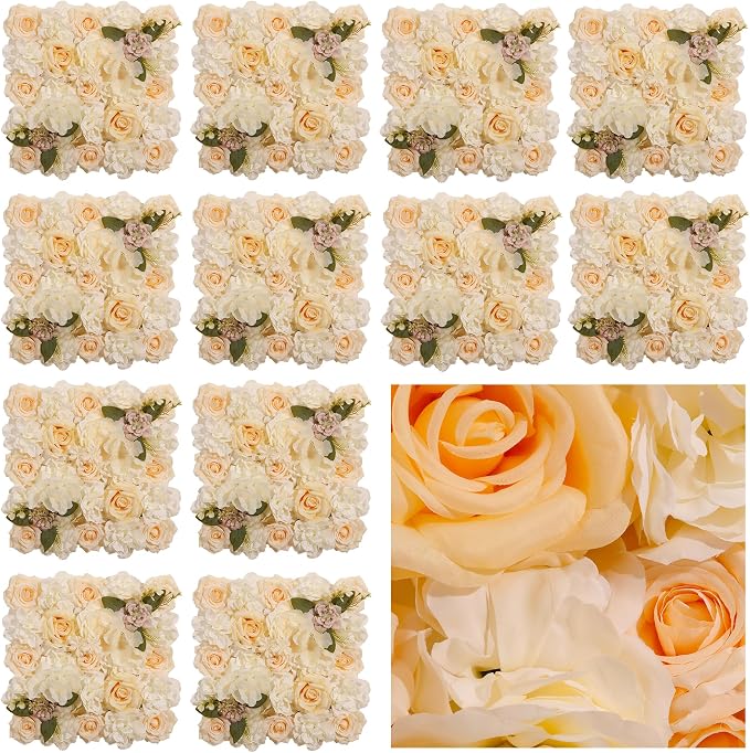 Flower Wall Backdrop, 12 Panels, 16.5x16.5 Inch, Champagne Rose | 3D design, realistic look, Seamless Design,eco-friendly,easy to assemble,reusable,.Suitable for weddings,Party,home décor by BloomTrend