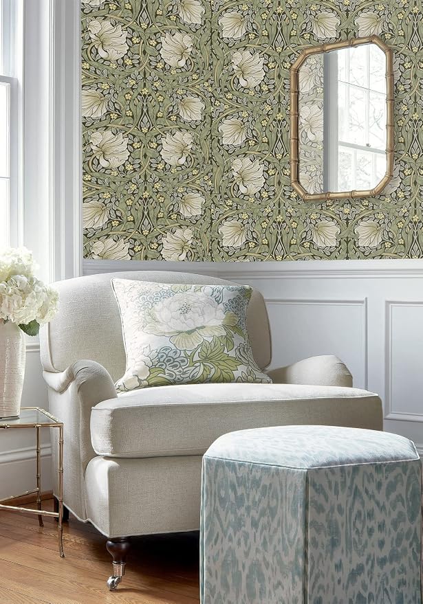 HAOKHOME Peel and Stick Wallpaper William Morris Style Botanical Vintage | Sage Green Textured Wall Paper Renter Friendly Removable Yellow Floral Cabinet Drawer Decor Retro Contact Paper 17.3in x6.6ft - Image 5