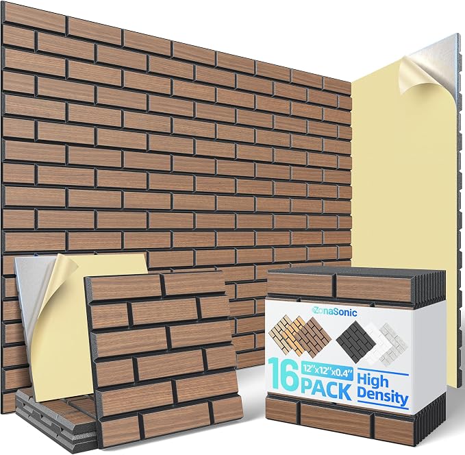 Self-Adhesive Acoustic Panels High Density Sound Proof Foam Panels for Wall | 16 Pack Brick Soundproof Wall Panels, 12" x 12" x 0.4" Sound Dampening Absorbing Panels for Home Studio Decor Office -Walnut by Unknown