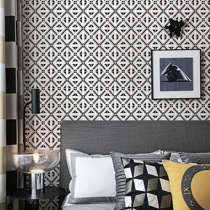Jeweluck Black and White Geometric Peel and Stick Wallpaper 17.7” × 393.7” | Black and White Removable Wallpaper Peel and Stick Geometric Contact Paper Self Adhesive Wall Paper for Kitchen Vinyl Decor - Image 2