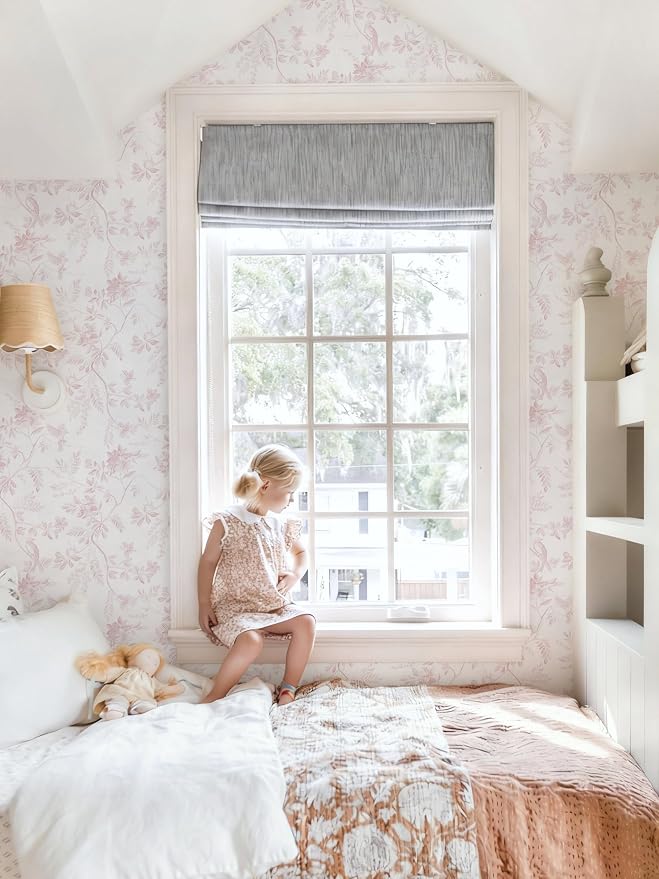 Dimoon Pink Peel and Stick Wallpaper Floral Contact Paper Boho Modern Cottage Wall Paper White Bird Village Wallpaper Renter Friendly Botanical Waterproof for Bathroom Kitchen 194"x17.3" - Image 9