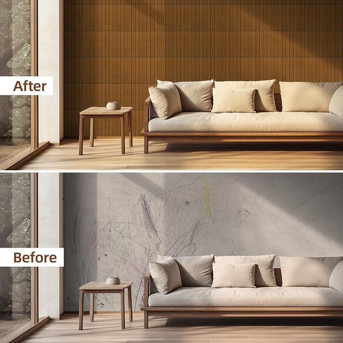 WADILE Peel and Stick Wood Slat Wall Panels 12x12in PVC 30 Pack | Decorative wall panels, self adhesive, living room, bedroom, accent wall, not real wood - Image 3