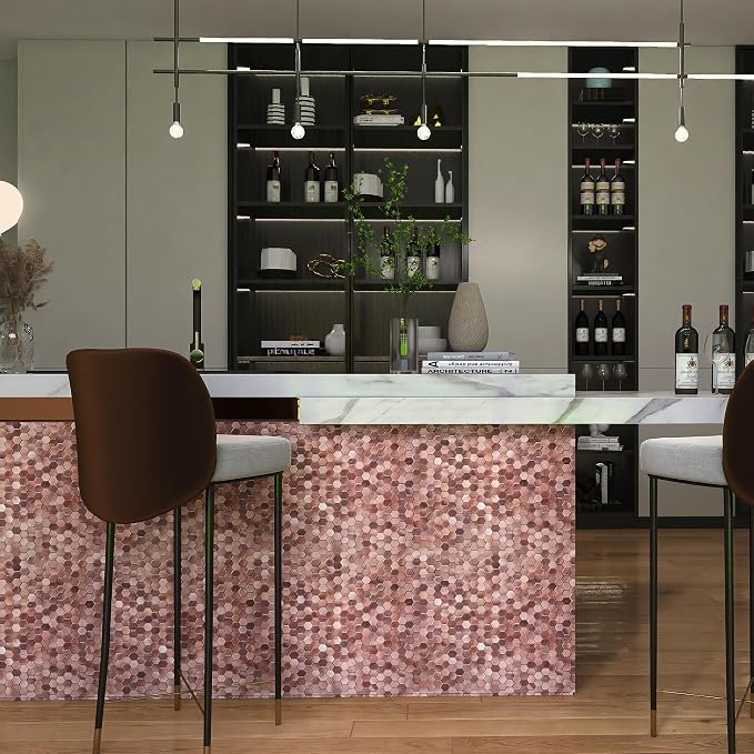 KASARO Peel and Stick Backsplash Tiles, 12" x 12" 3D Pink Hexagon Metal Mosaic Wall Panel, Self-Adhesive Waterproof Kitchen Backsplash for Bathroom, Fireplace, Living Room Decor, 8 Pack - Image 4