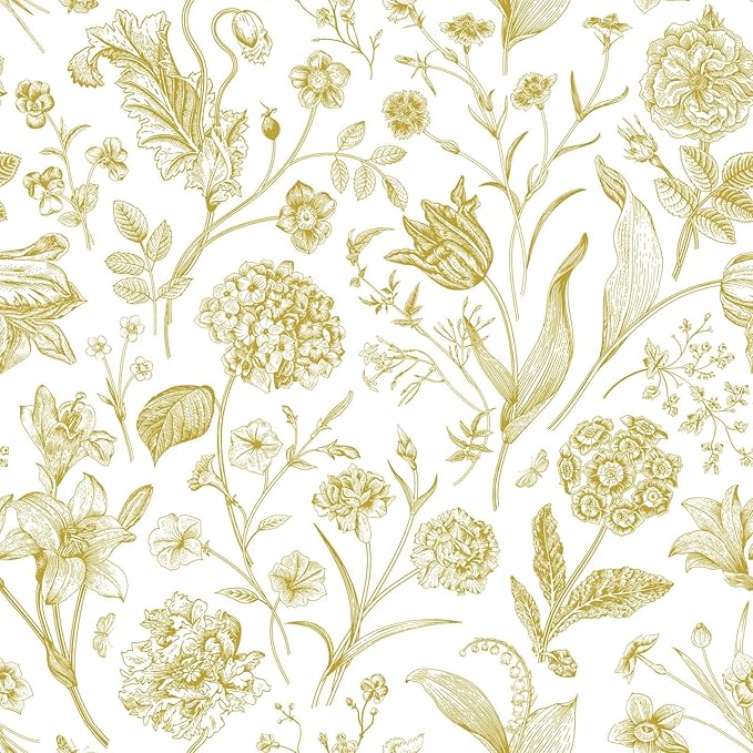Floral Peel and Stick Wallpaper Gold Contact Paper 17in x 118in | Botanical Wallpaper Vintage Contact Paper Black Flower Removable Wall Paper for Bathroom Bedroom Boho Self Adhesive Vinyl by lenify