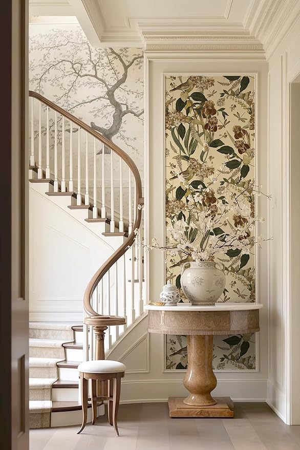 Beige Floral Bird Peel and Stick Wallpaper for Cabinet 17in x 197in | Flower Contact Paper Vintage Floral Wallpaper Boho Self Adhesive Waterproof Wall Paper Botanical Removable Decorative Vinyl - Image 2