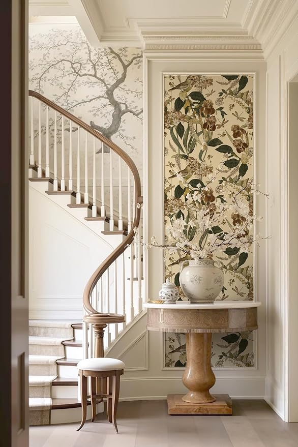 Beige Floral Bird Peel and Stick Wallpaper for Cabinet 17in x 118in | Flower Contact Paper Vintage Floral Wallpaper Boho Self Adhesive Waterproof Wall Paper Botanical Removable Decorative Vinyl - Image 2